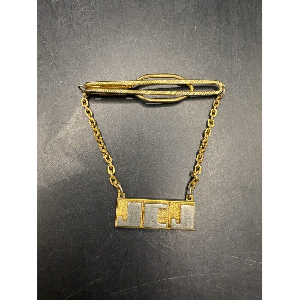Vintage Hickok SWANK Tie Bar Clip with Chain “JCJ” Initials GOLD TONE